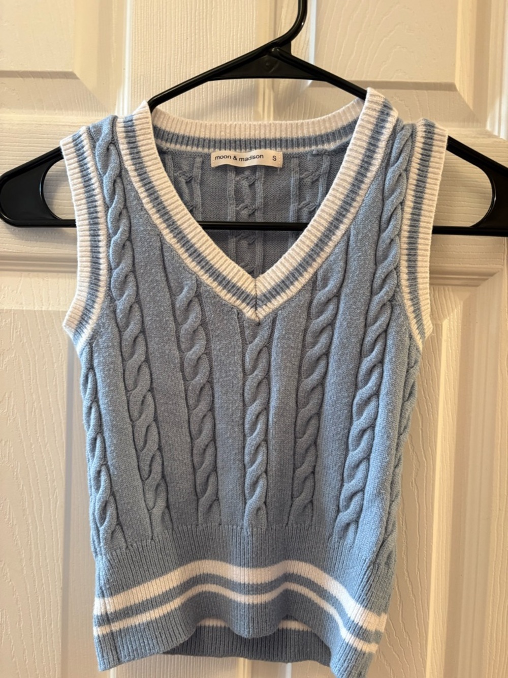 moon & madison Light Blue Cable-Knit V-Neck Sweater Vest with White Trim